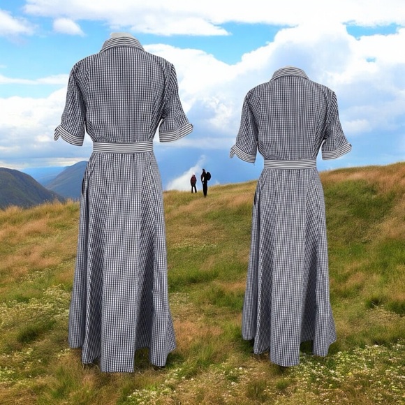 CALVIN KLEIN SIZE 12 PETITE BLUE & WHITE FIT & FLARE GINGHAM MAXI DRESS - Picture 7 of 16